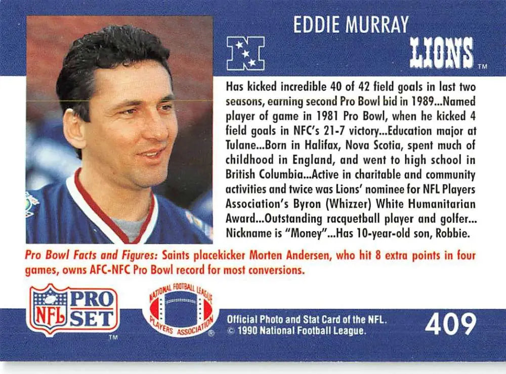 NFL trading card of Eddie Murray in white and red Detroit Lions jersey