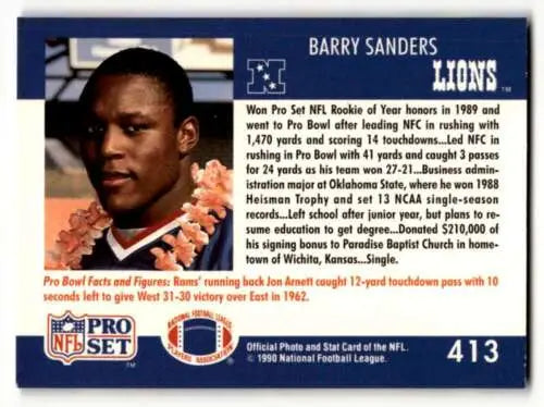 1990 Pro Set #413 Barry Sanders Detroit Lions Football Card with original gloss finish