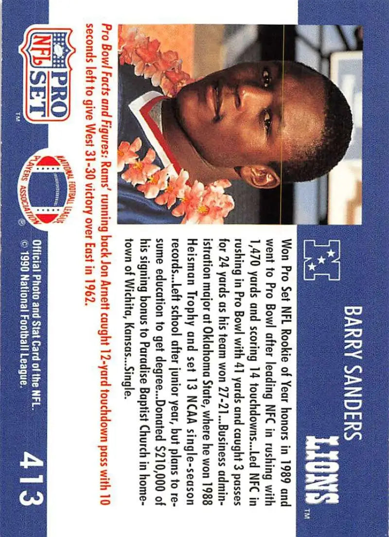 NFL trading card of Barry Sanders in red and white uniform with floral lei, Detroit Lions