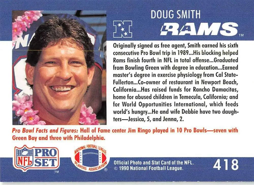 NFL trading card of Doug Smith, Los Angeles Rams player with biographical info