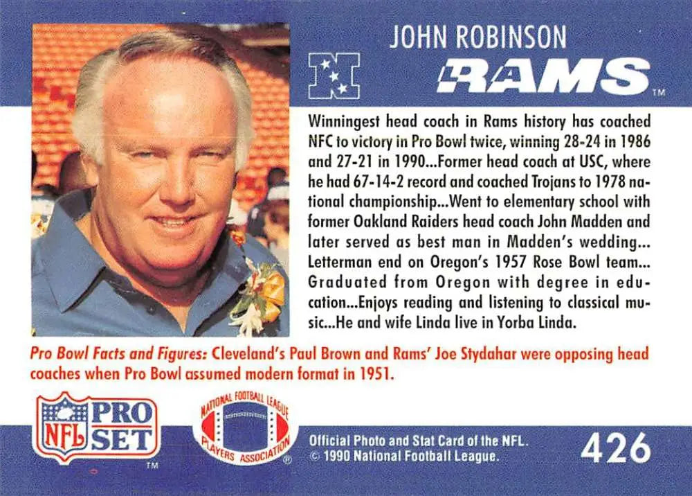 Football trading card of John Robinson in yellow jacket, Los Angeles Rams Pro Set