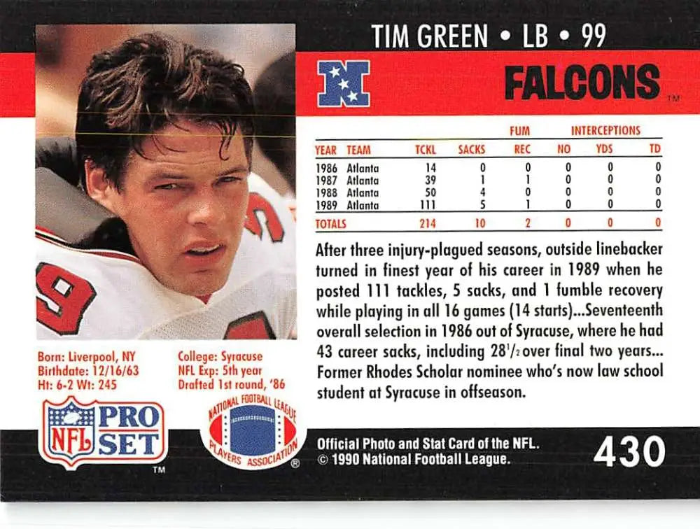 Tim Green Atlanta Falcons Rookie Card from 1990 Pro Set, Number 99 Linebacker
