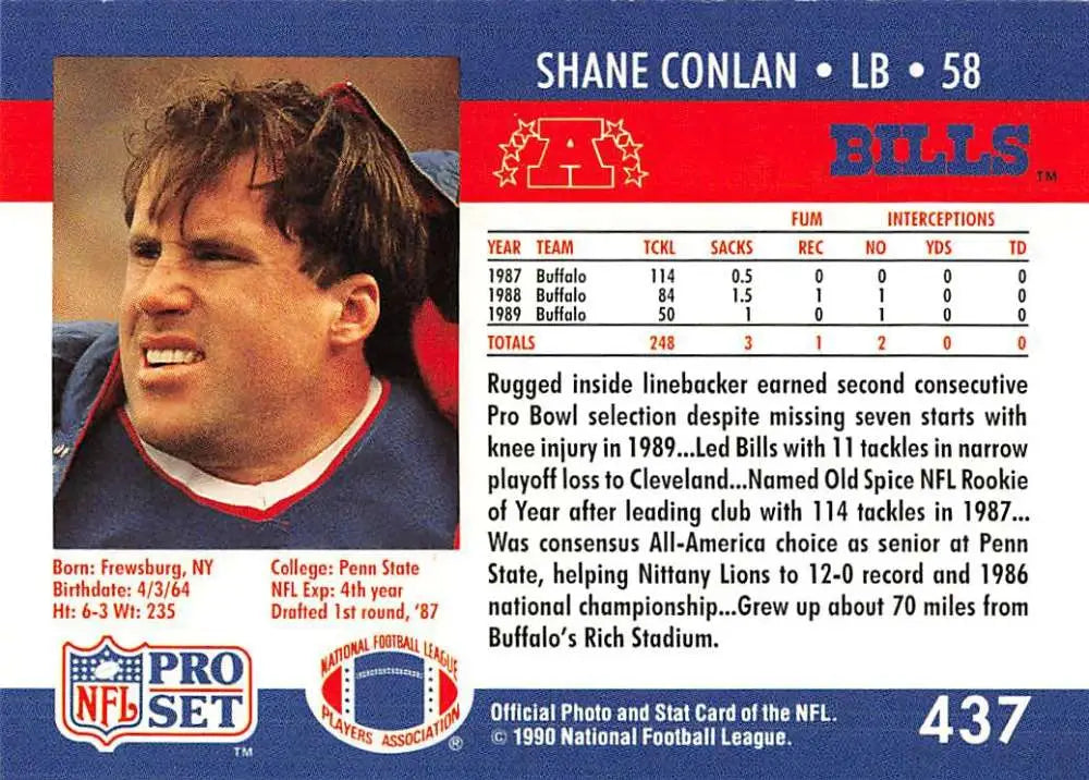 1990 Pro Set Shane Conlan Buffalo Bills Football Card featuring linebacker action