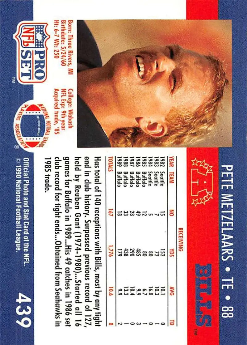 1990 Pro Set #439 Pete Metzelaars Buffalo Bills Football Card in NM-MT condition