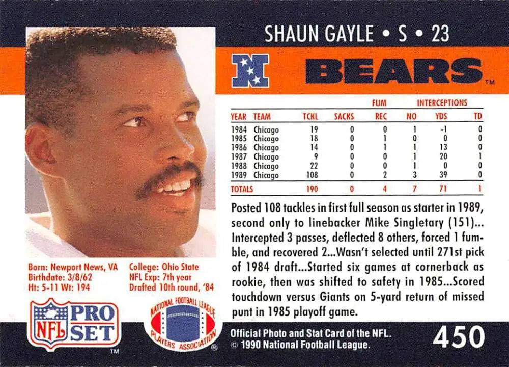 NFL trading card of Shaun Gayle, Chicago Bears player number 23 from Pro Set collection