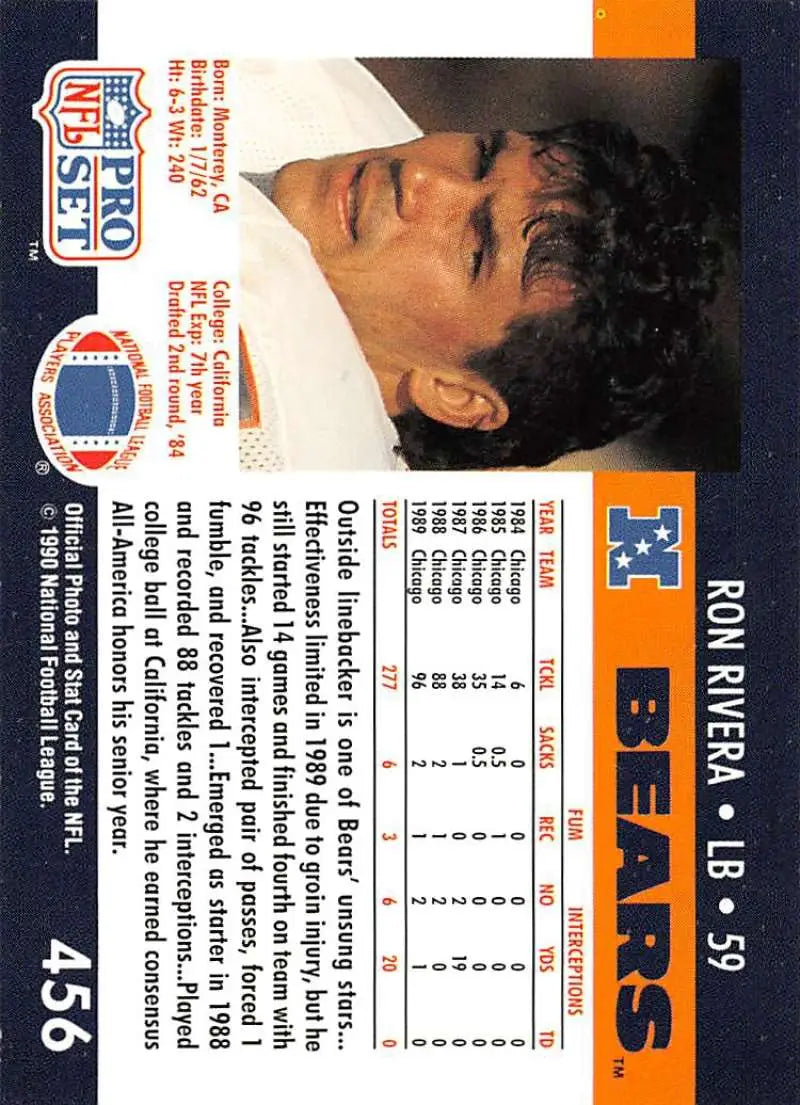 1990 Pro Set Ron Rivera Chicago Bears Football Card showcasing 1991 NFL Pro Set design