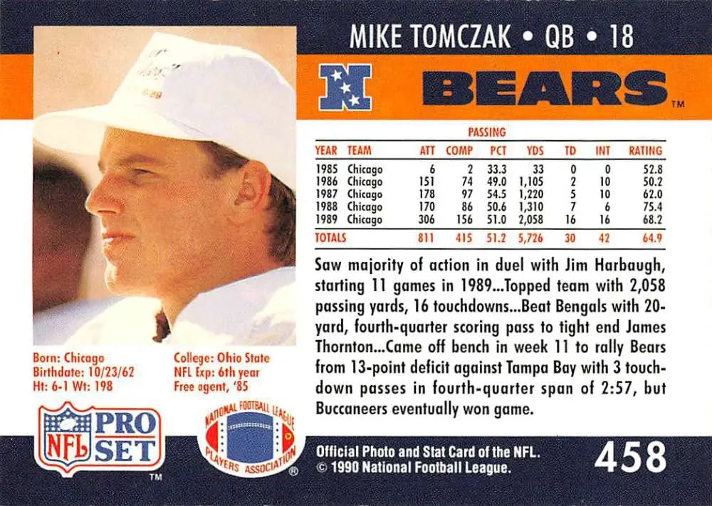 Football card of Mike Tomczak in profile, showcasing Chicago Bears pride and style