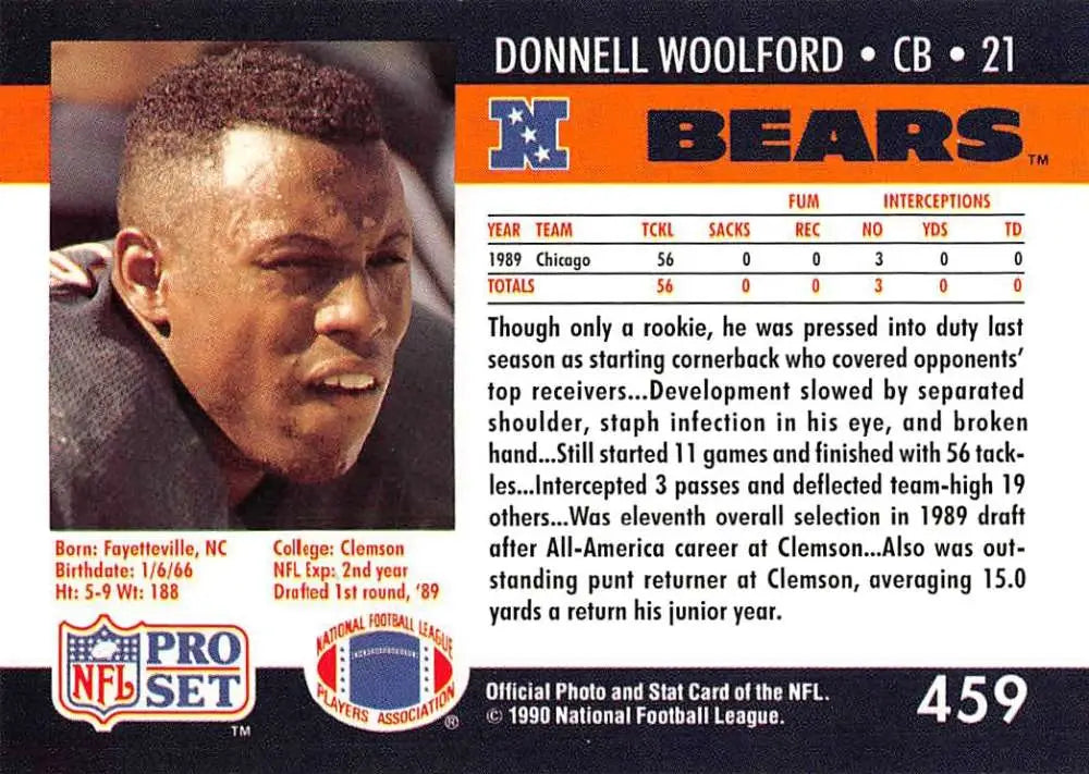 Football trading card of Donnell Woolford, Chicago Bears cornerback number 21