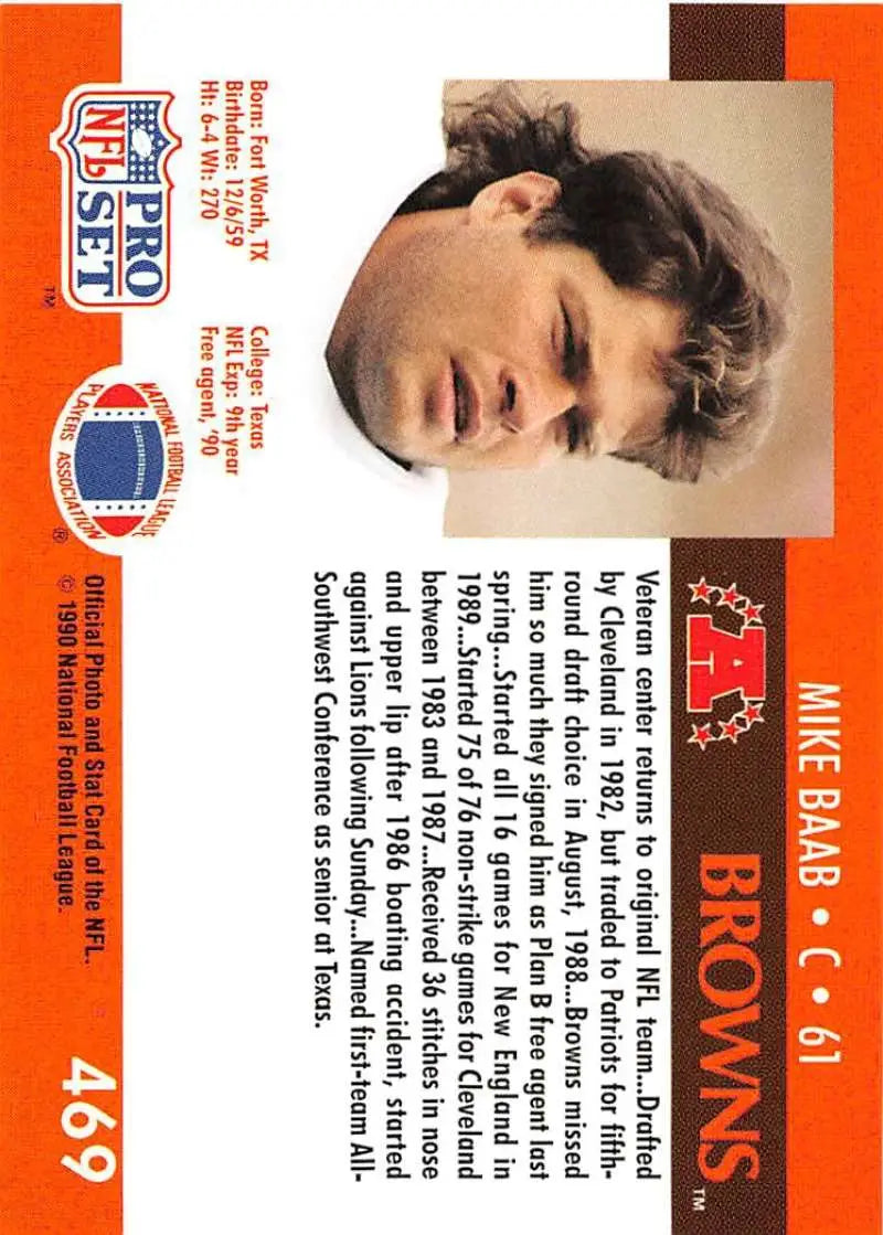 Mike Baab Cleveland Browns Football Card in orange and brown Pro Set design