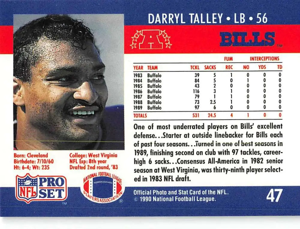 1990 Pro Set Darryl Talley Football Card featuring Buffalo Bills linebacker design