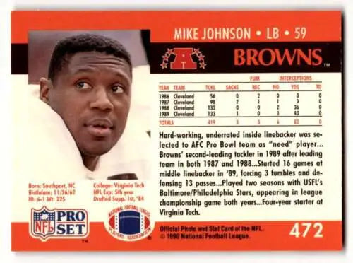 Mike Johnson Cleveland Browns football card 1990 Pro Set #472 original gloss condition