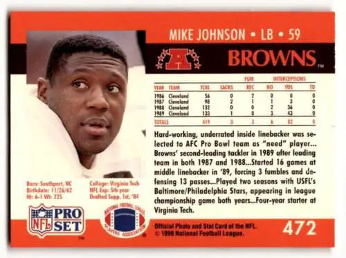 1990 Pro Set #472 Mike Johnson Cleveland Browns Football Card with original gloss