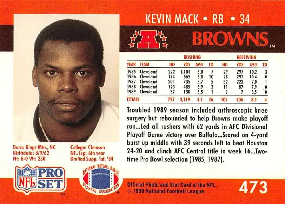 1990 Pro Set #473 Kevin Mack NM-MT Cleveland Browns Football Card on red background