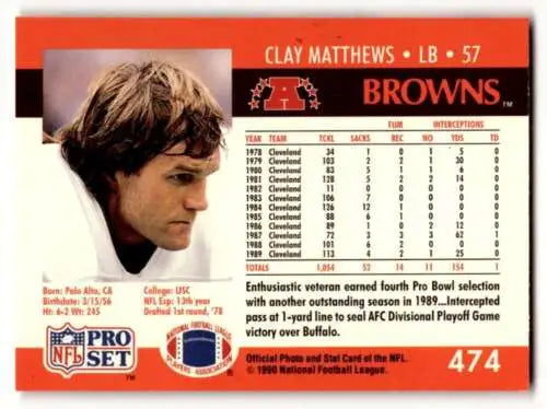 Clay Matthews Cleveland Browns football card 1990 Pro Set #474 original gloss condition