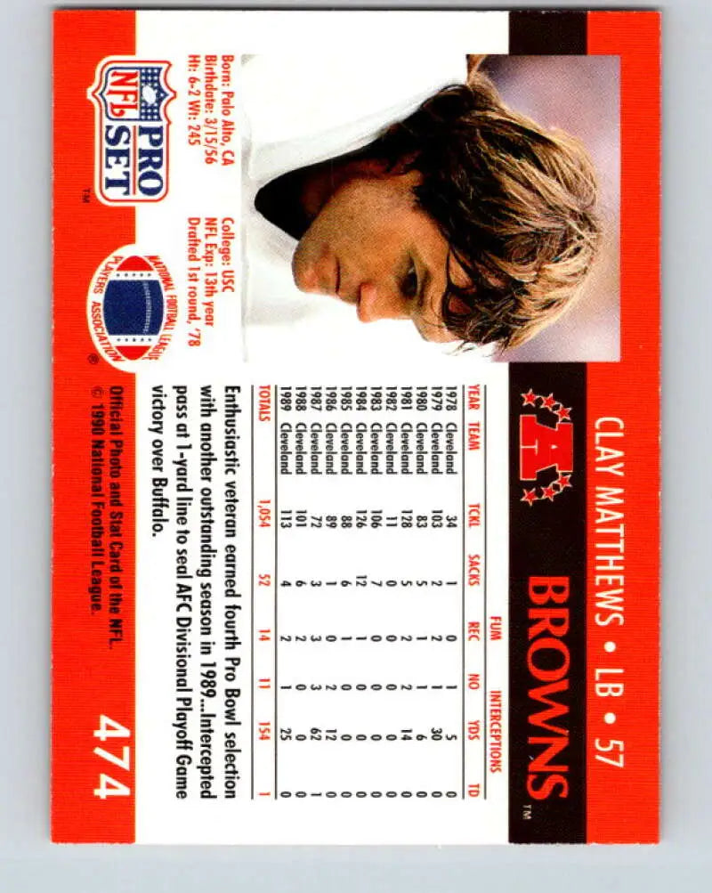 1990 Pro Set #474 Clay Matthews Cleveland Browns Football Card with player stats