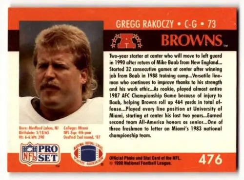 1990 Pro Set #476 Gregg Rakoczy Cleveland Browns Football Card with original gloss