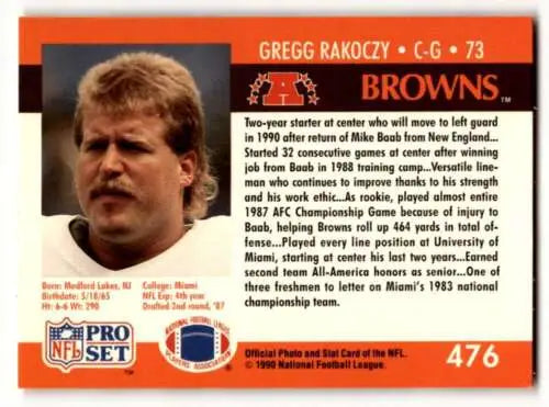 1990 Pro Set #476 Gregg Rakoczy Cleveland Browns Football Card with original gloss