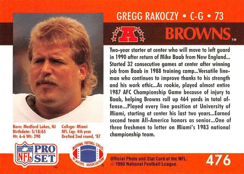 Football card featuring Gregg Rakoczy from the Cleveland Browns Pro Set collection