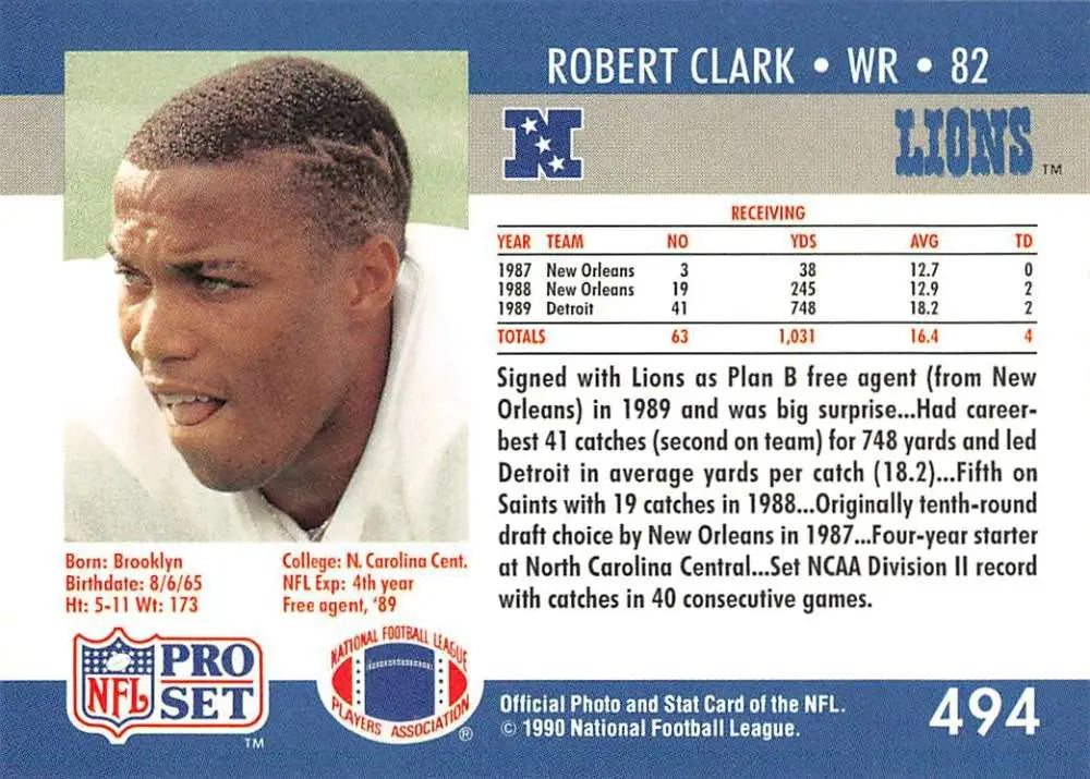 NFL trading card of Robert Clark from the 1990 Pro Set, Detroit Lions rookie football card