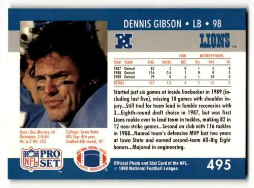 Dennis Gibson Detroit Lions football card 1990 Pro Set #495 original gloss condition