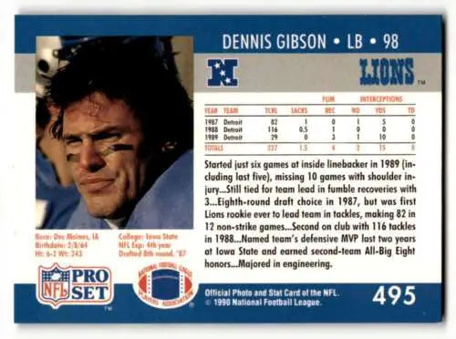 Dennis Gibson Detroit Lions football card from the 1990 Pro Set with original gloss