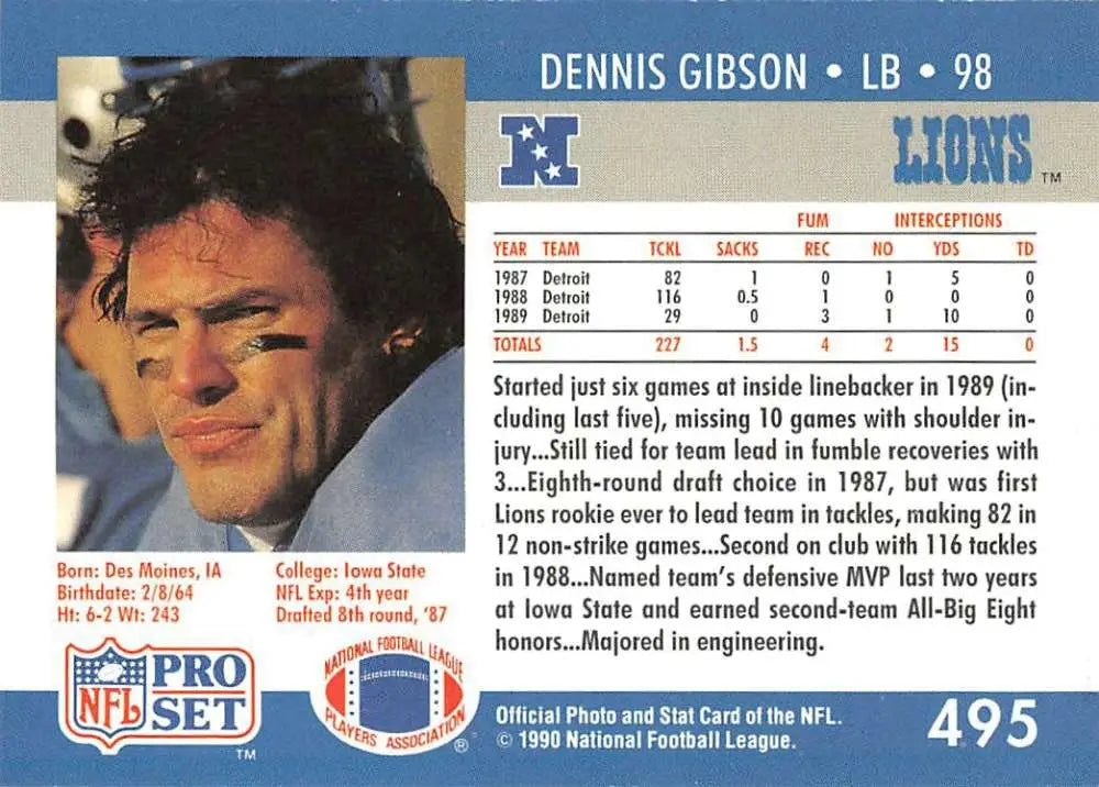 NFL trading card of Dennis Gibson, Detroit Lions linebacker from 1987