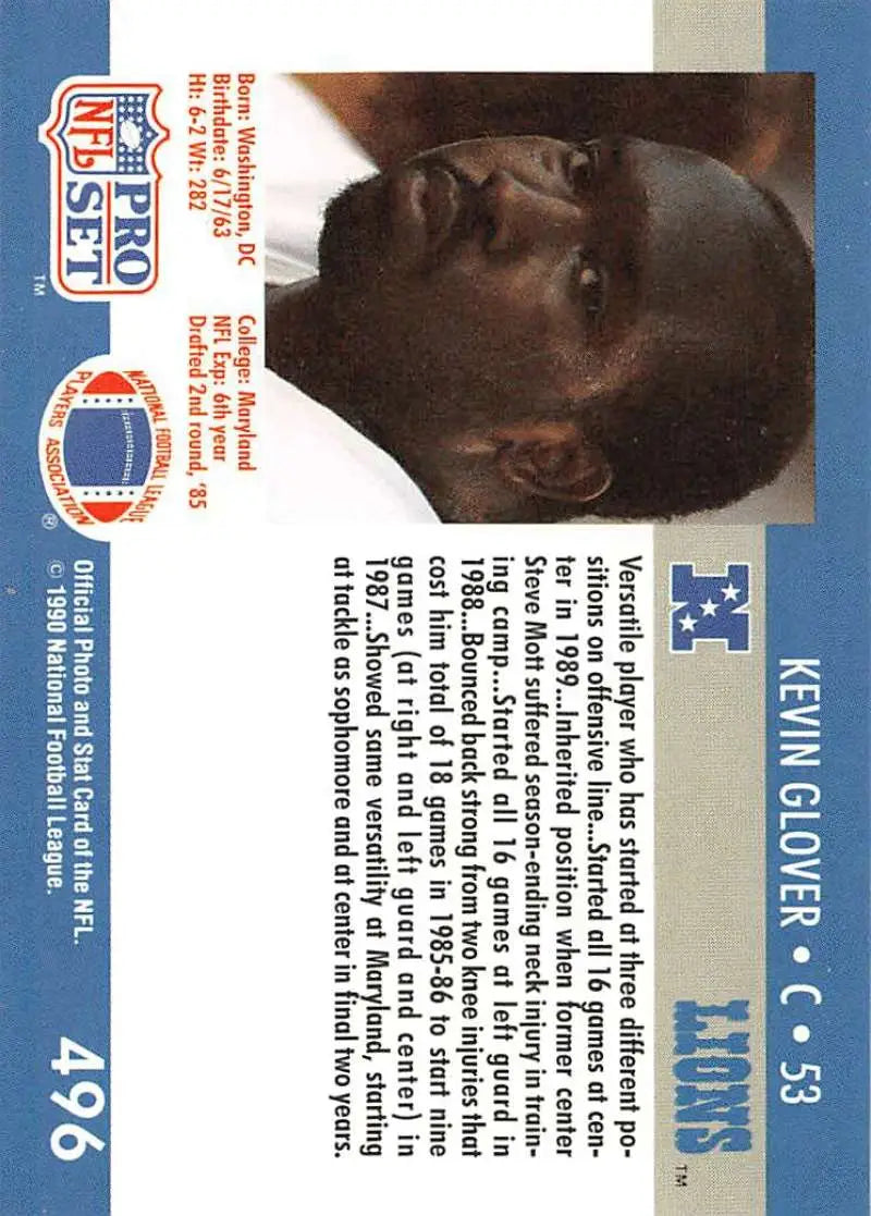NFL Pro Set trading card featuring Kevin Glover of the Detroit Lions