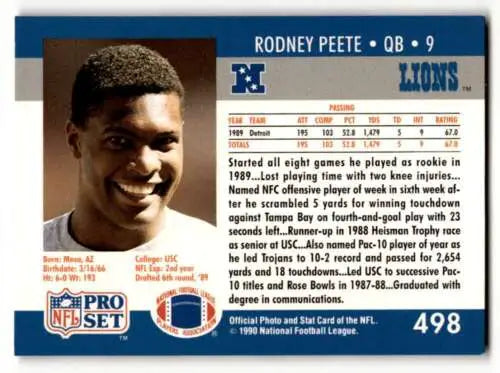 1990 Pro Set #498 Rodney Peete Detroit Lions football card with original gloss quality
