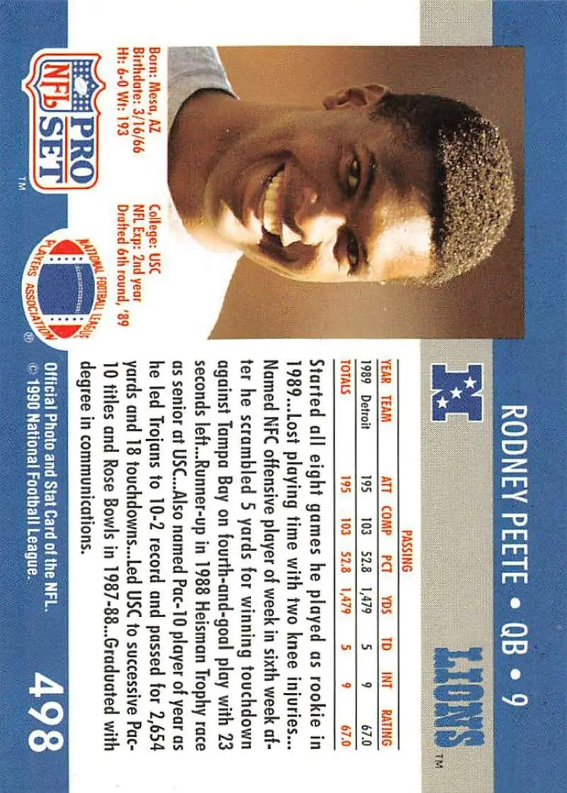 NFL trading card of Rodney Peete featuring the Detroit Lions team from 1990 Pro Set