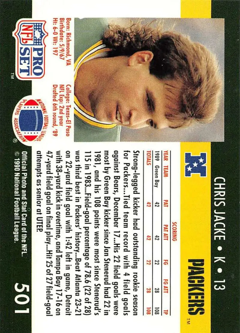 NFL Pro Set trading card of Chris Jacke from the Green Bay Packers in team colors