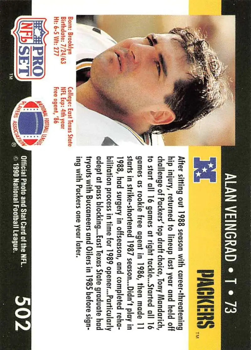 NFL trading card of Green Bay Packers player Alan Veingrad from the 1990 Pro Set