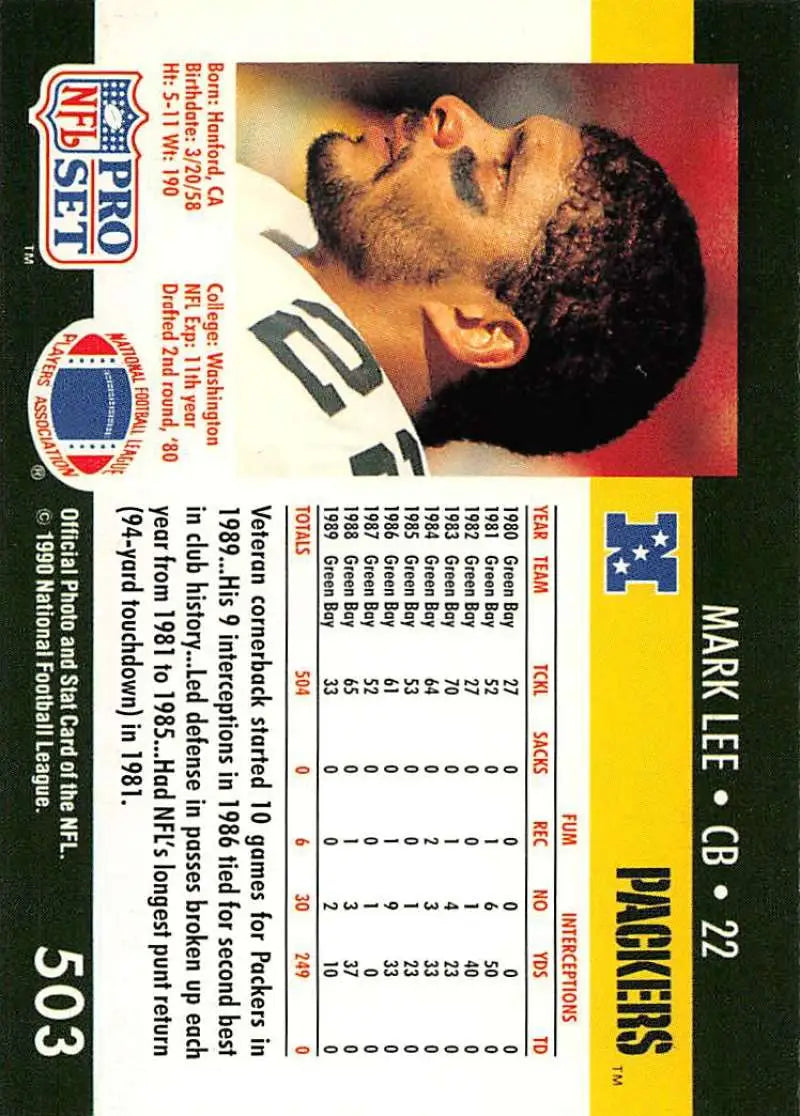 NFL trading card of Mark Lee in profile view for Green Bay Packers collectors