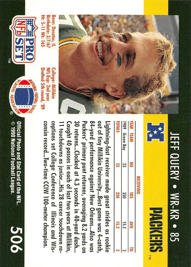 NFL Pro Set trading card of Jeff Query from the Green Bay Packers in the 1990s