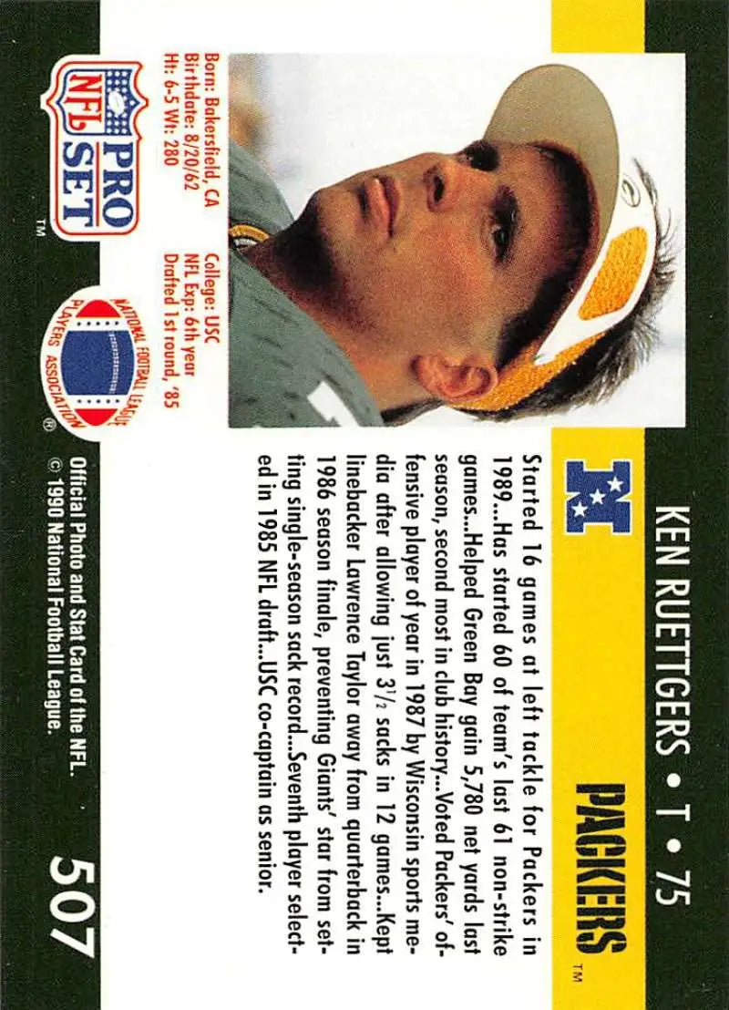NFL Pro Set trading card of Green Bay Packers player Ken Ruettgers in cap