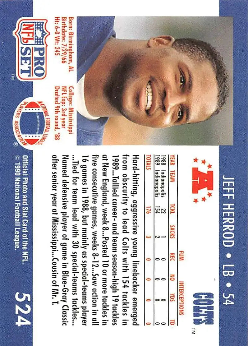 Pro Set NFL Football Card featuring Jeff Herrod Rookie from the 1990 Indianapolis Colts