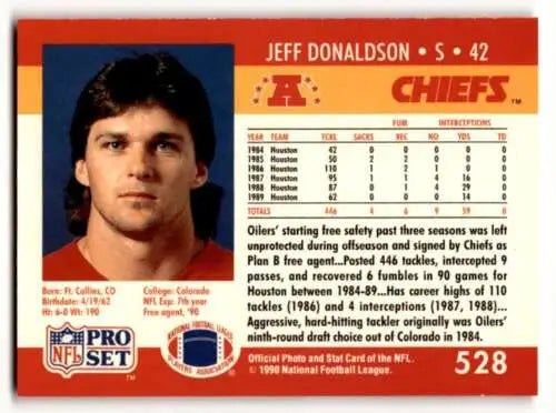 Jeff Donaldson Kansas City Chiefs football card from 1990 Pro Set with original gloss