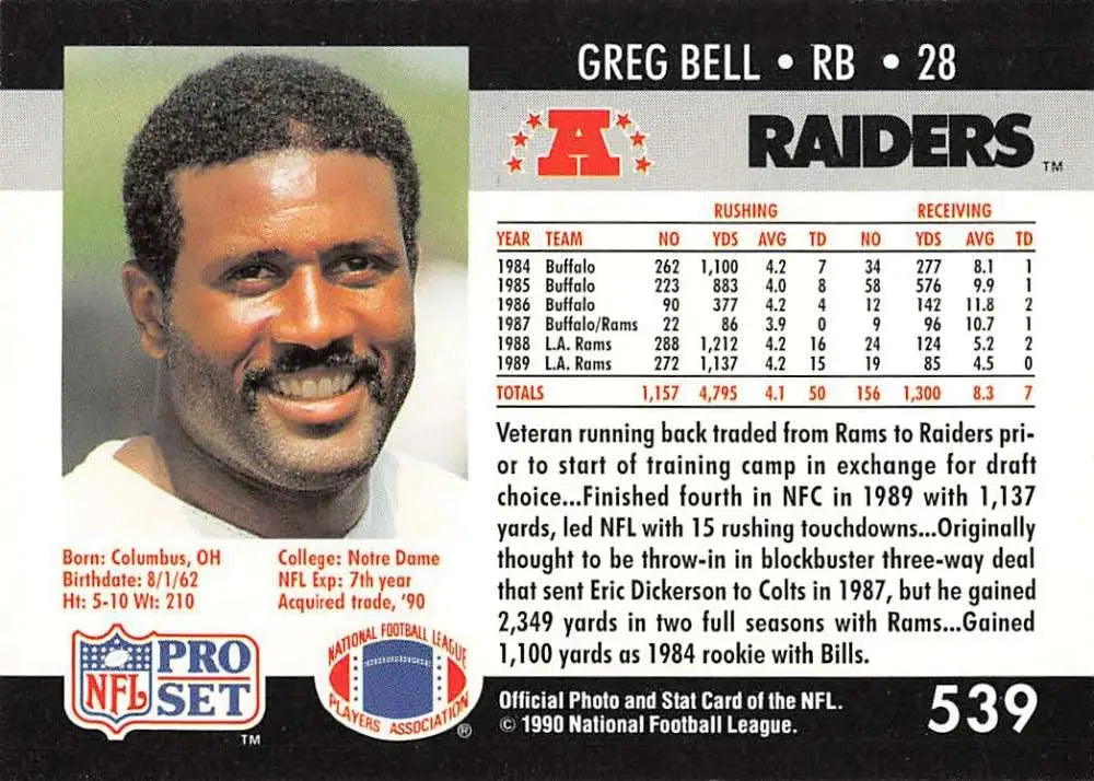 1990 Pro Set #539 Greg Bell Los Angeles Raiders Football Card featuring running back