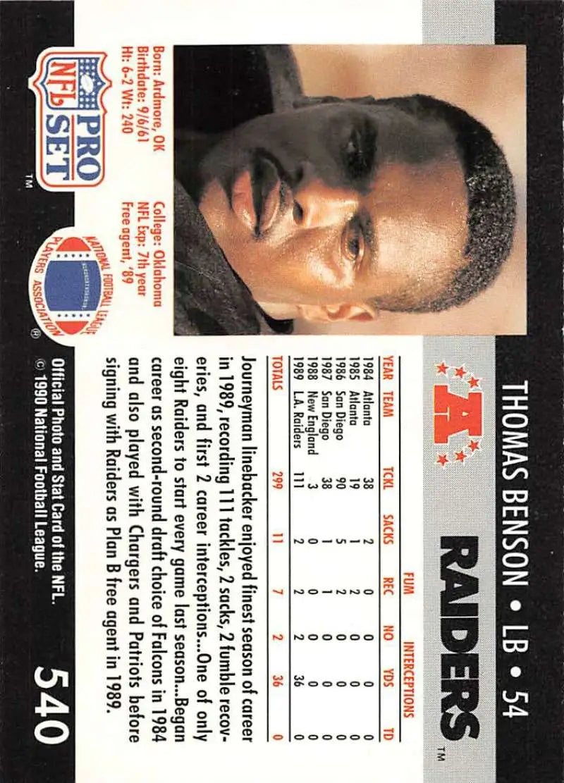 1990 Pro Set #540 Thomas Benson NM-MT RC Los Angeles Raiders Football Card Image