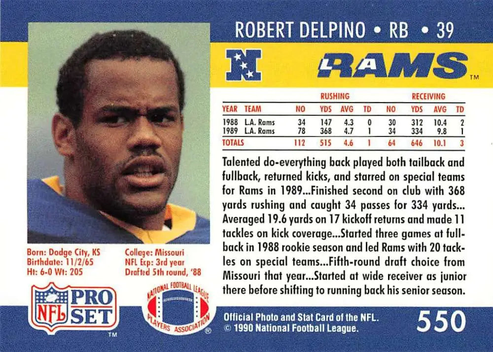 NFL Pro Set trading card of Robert Delpino, Los Angeles Rams running back in yellow and blue
