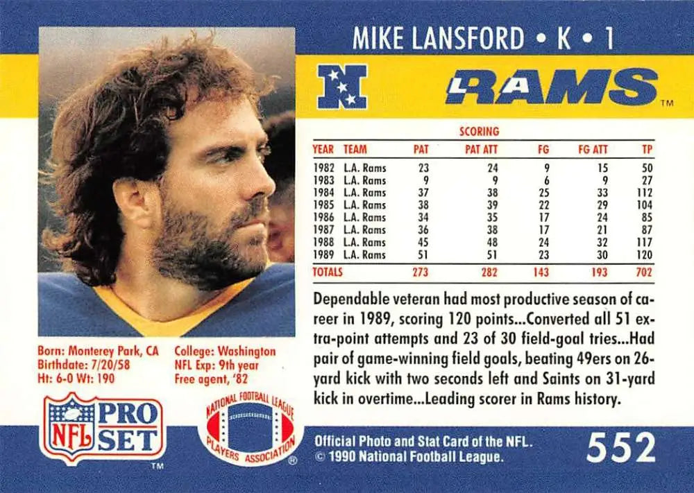 1990 Pro Set #552 Mike Lansford Los Angeles Rams Football Card showcasing kicker Mike Lansford