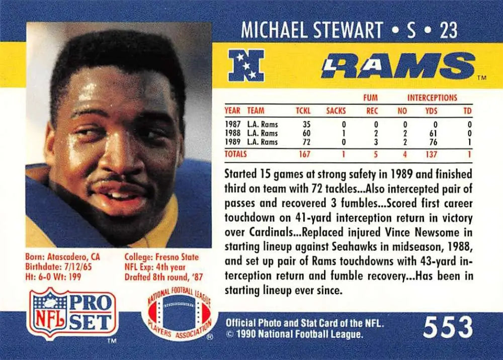 NFL Pro Set Michael Stewart Los Angeles Rams football trading card from the 1990s