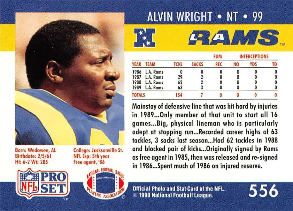 Alvin Wright Los Angeles Rams defensive lineman trading card from Pro Set
