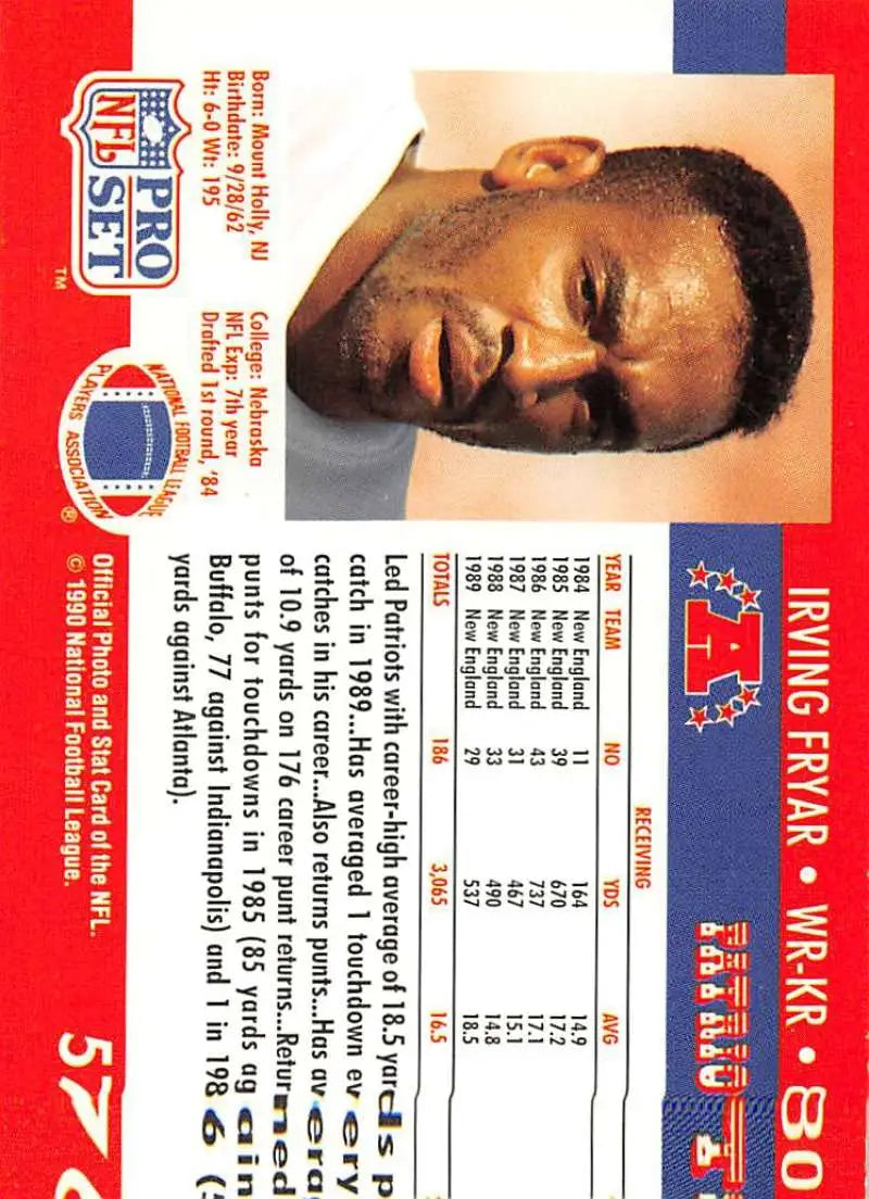 1990 Pro Set #576 Irving Fryar New England Patriots Football Card with red and blue border