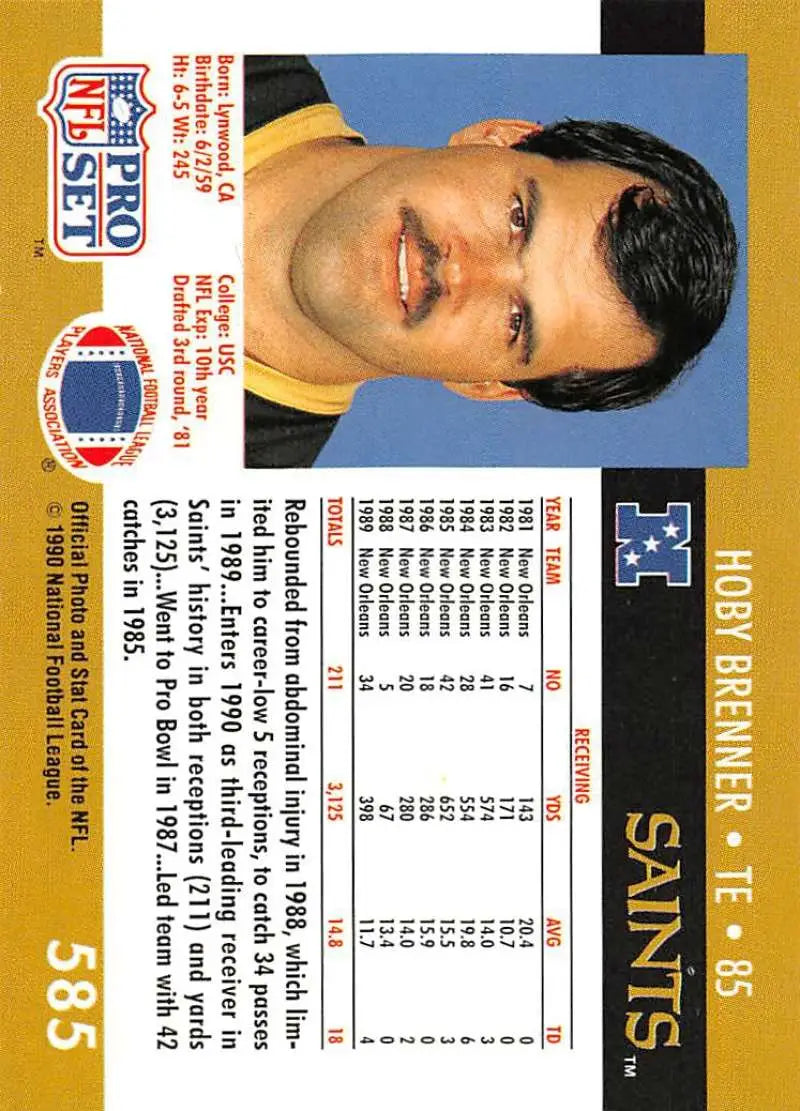 Hoby Brenner 1990 Pro Set football card in New Orleans Saints yellow jersey
