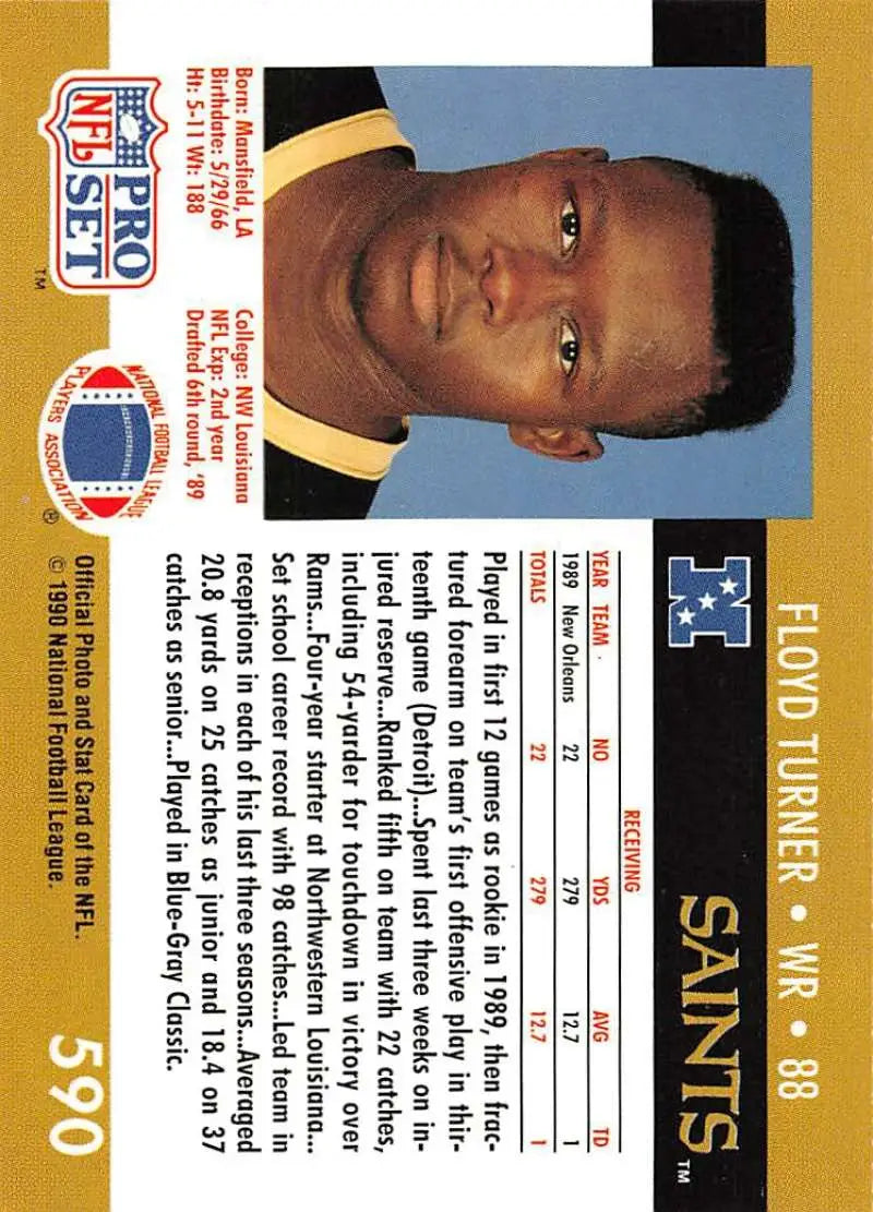 1990 Pro Set Floyd Turner Orleans Saints Football Card in black and gold uniform