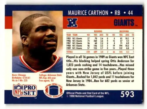 1990 Pro Set #593 Maurice Carthon New York Giants football card with original gloss