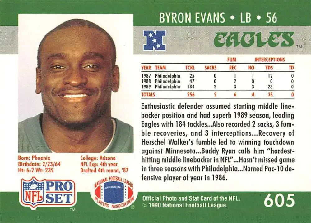 Byron Evans 1990 Pro Set #605 Rookie Philadelphia Eagles Football Card NM-MT