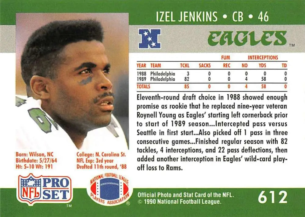 1990 Pro Set #612 Izel Jenkins Rookie Card for Philadelphia Eagles Football collectors