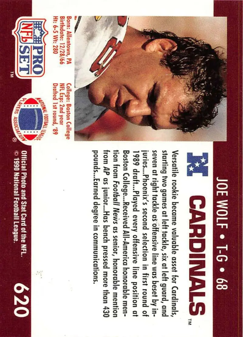 NFL Pro Set football card of Joe Wolf, Phoenix Cardinals player from the late 1980s