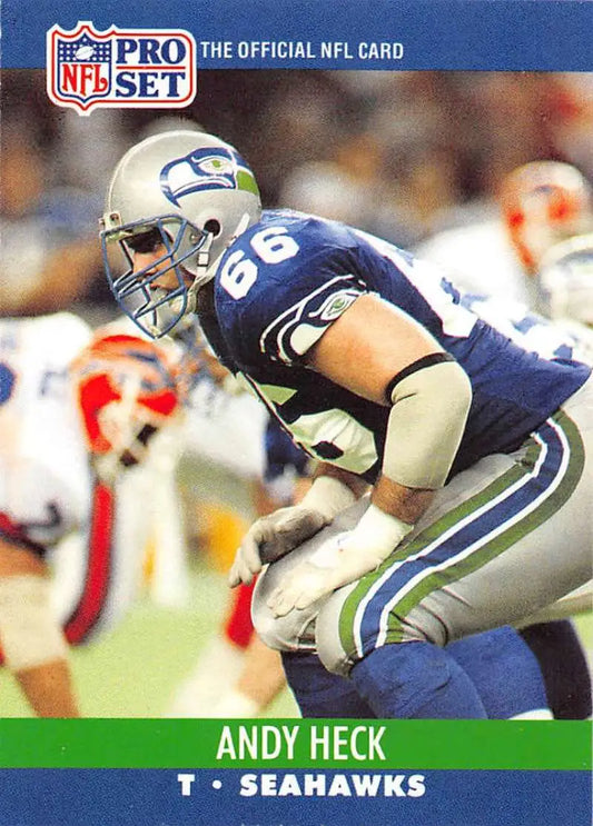NFL Pro Set trading card of Andy Heck in Seattle Seahawks navy uniform #96 crouched stance
